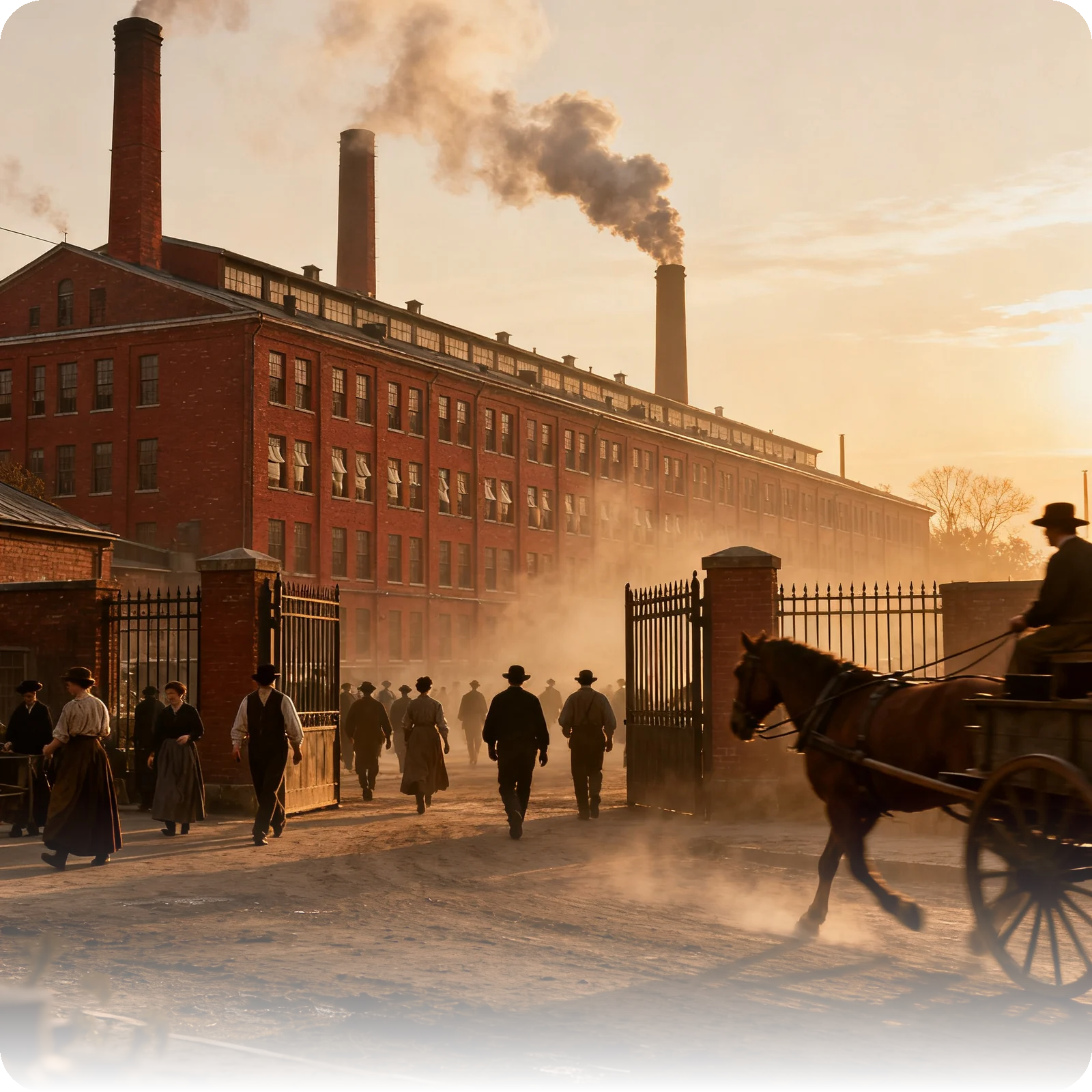 Workers entering a steam-era mill at dawn