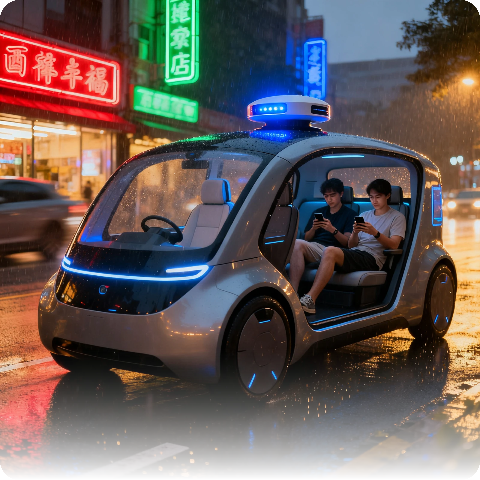 A driverless taxi picking up passengers on a neon-lit city street in the rain