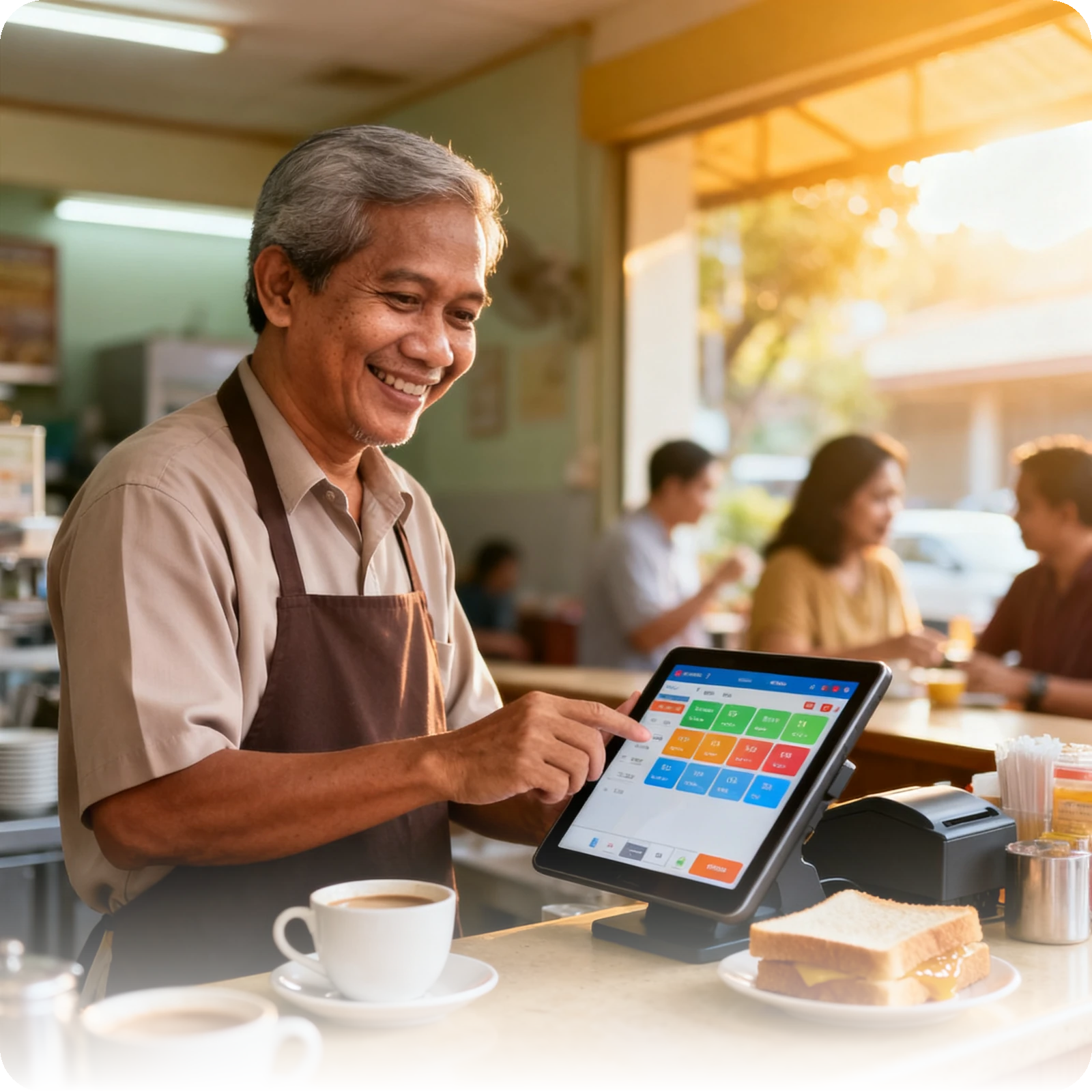 A kopitiam owner using modern tools at the counter