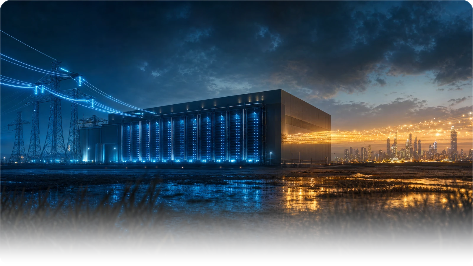 A data centre at dusk with blue electricity feeding in from power lines on one side and warm golden light flowing out towards a city on the other