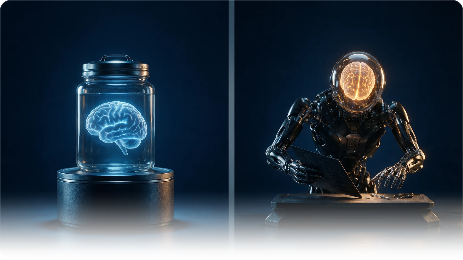 On the left, a glowing brain sealed in a glass jar. On the right, the same brain fitted into a robotic body with hands working at a desk