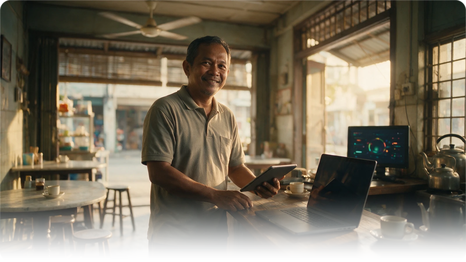 A Malaysian kopitiam owner behind his counter in the morning light, tablet in hand, with a laptop and a small dashboard screen beside him