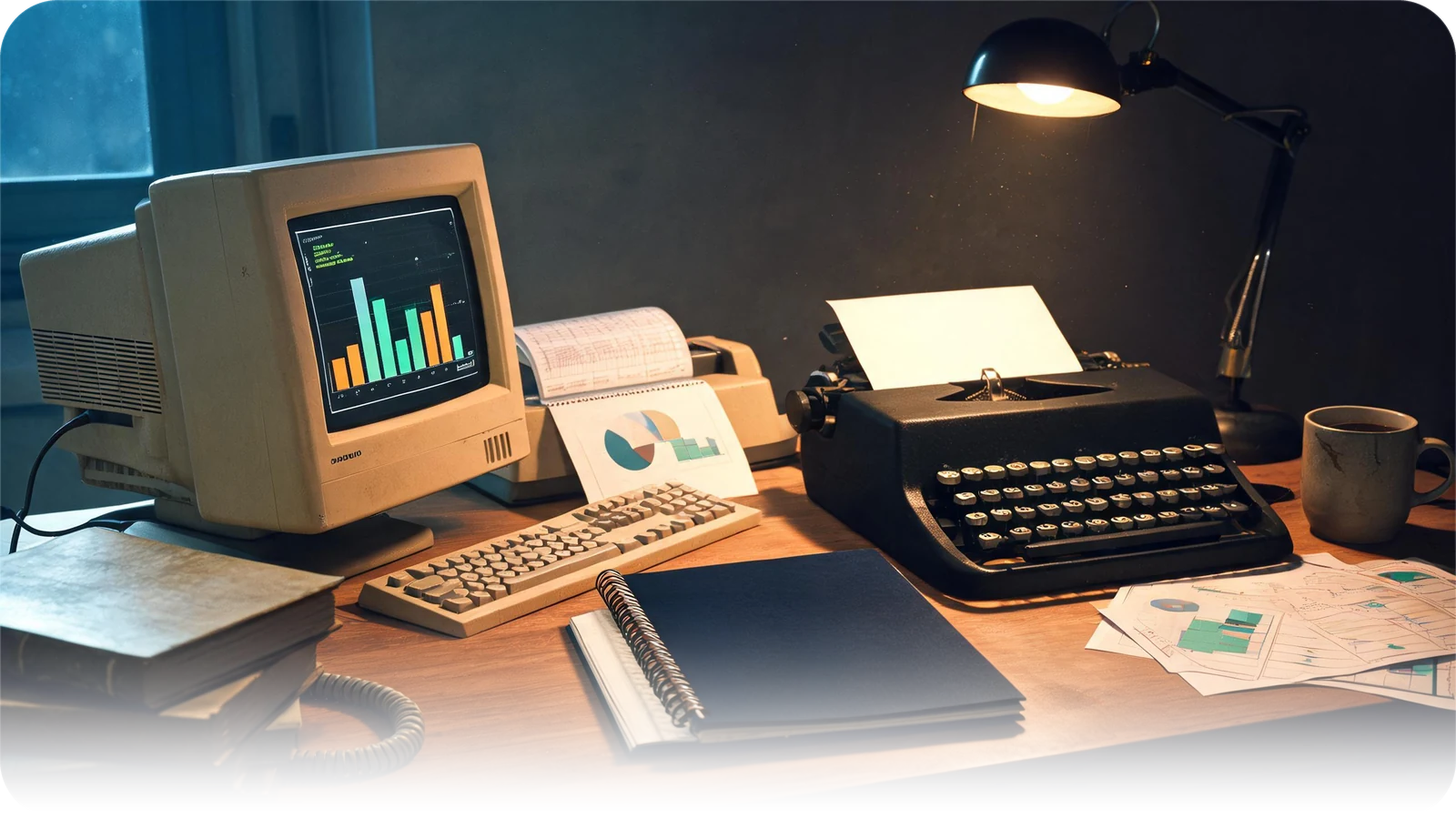A 1990s student desk at night: a beige PC and printer with neat printed charts on one side, a typewriter and hand-drawn charts on the other