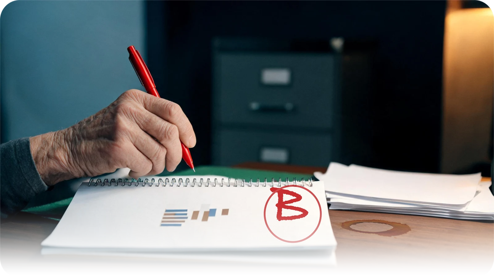 An instructor's hand writing a red B on the cover of a neatly printed, bound report