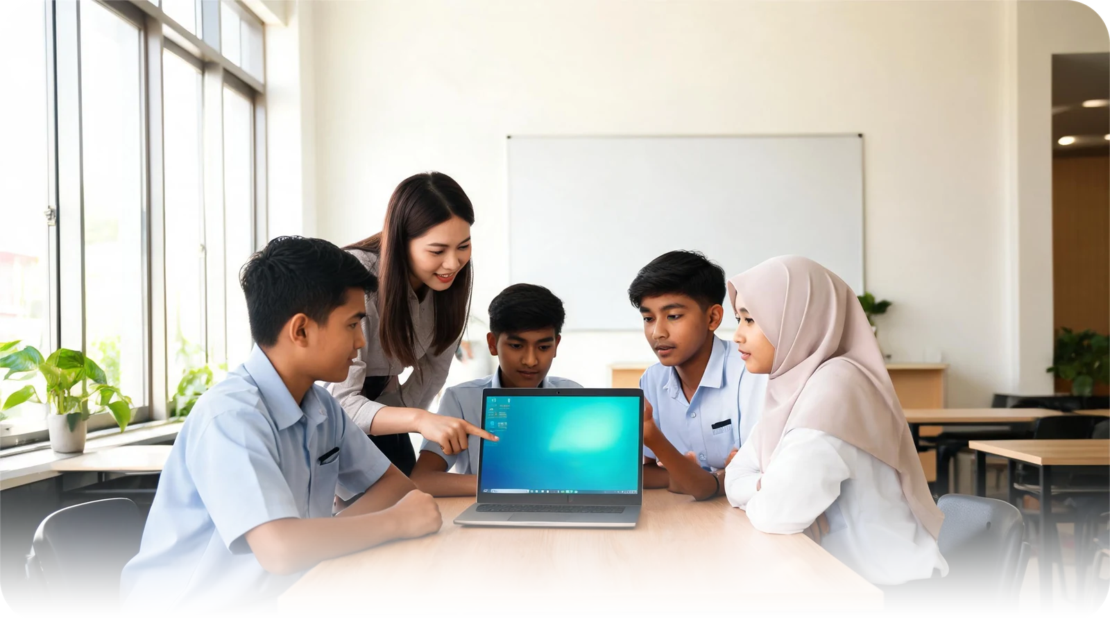 A teacher and Malaysian secondary school students gathered around a laptop, discussing an answer from an AI assistant