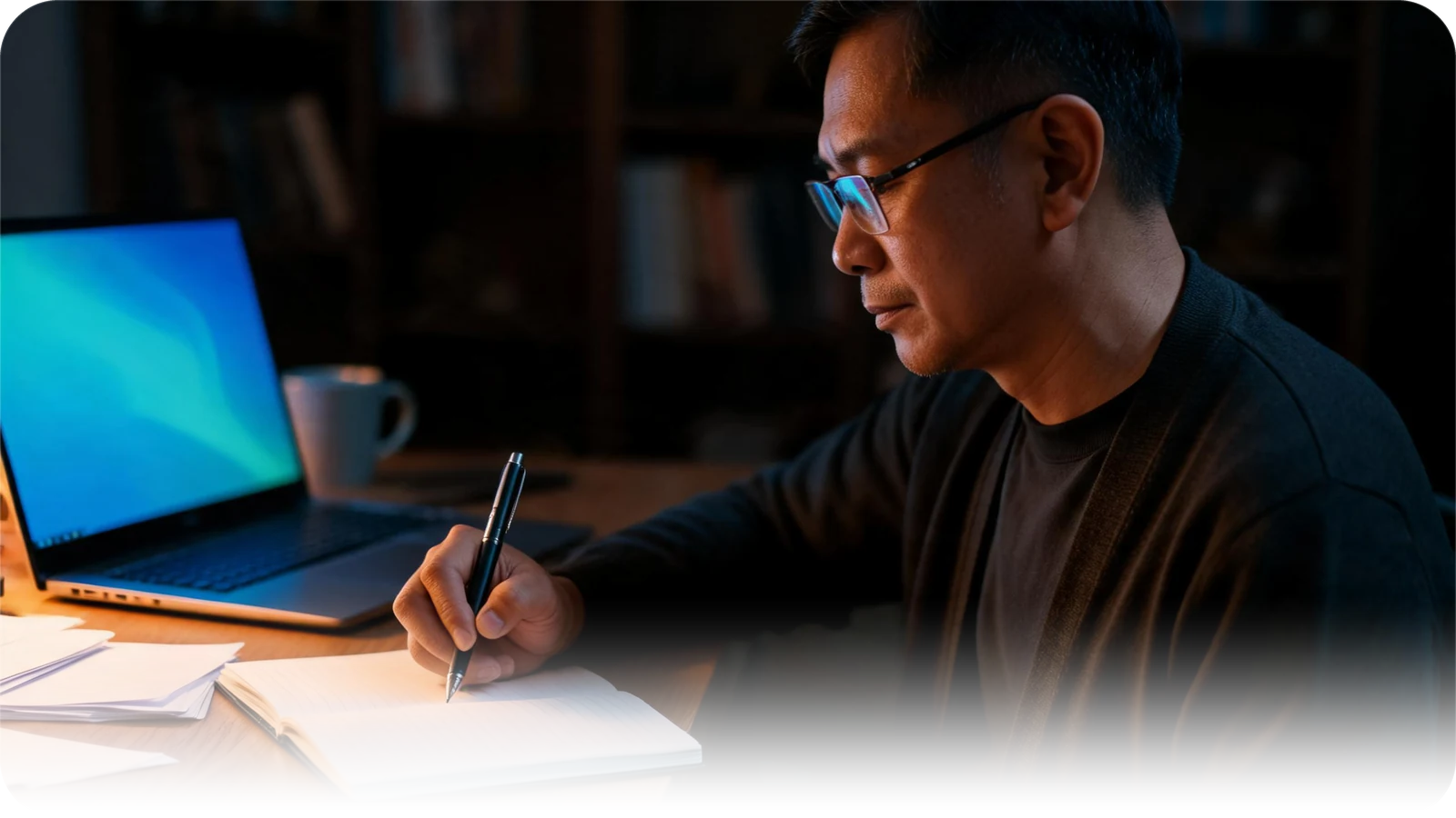 A man writing notes by hand at his desk in the evening, with a laptop beside him showing an AI assistant helping with his draft