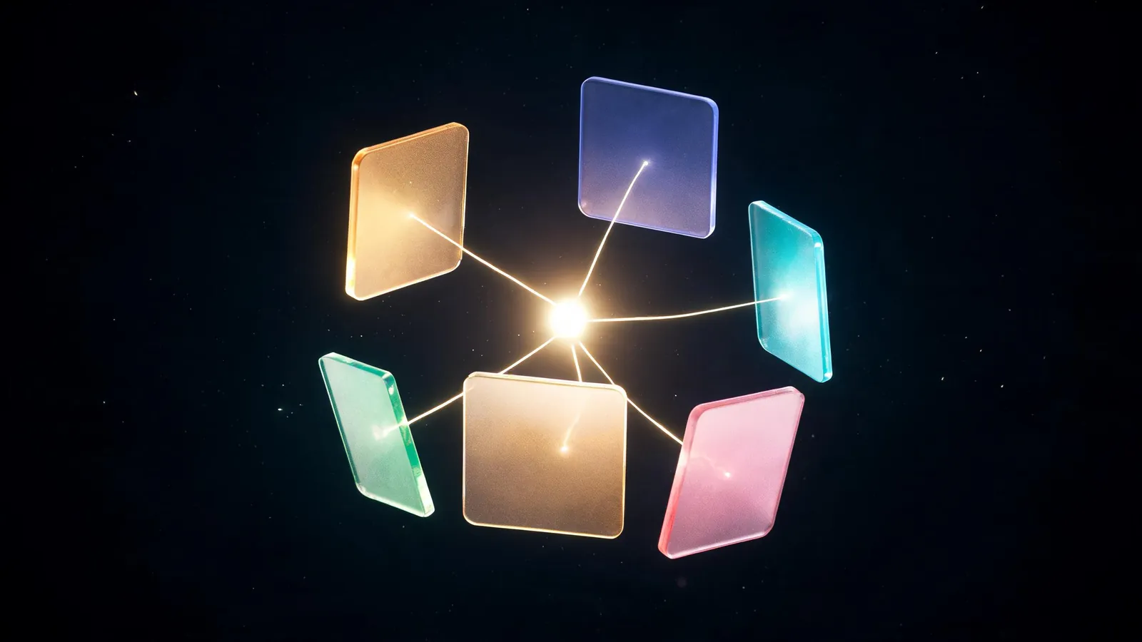 Glass module panels converging on one glowing core — one shared brain