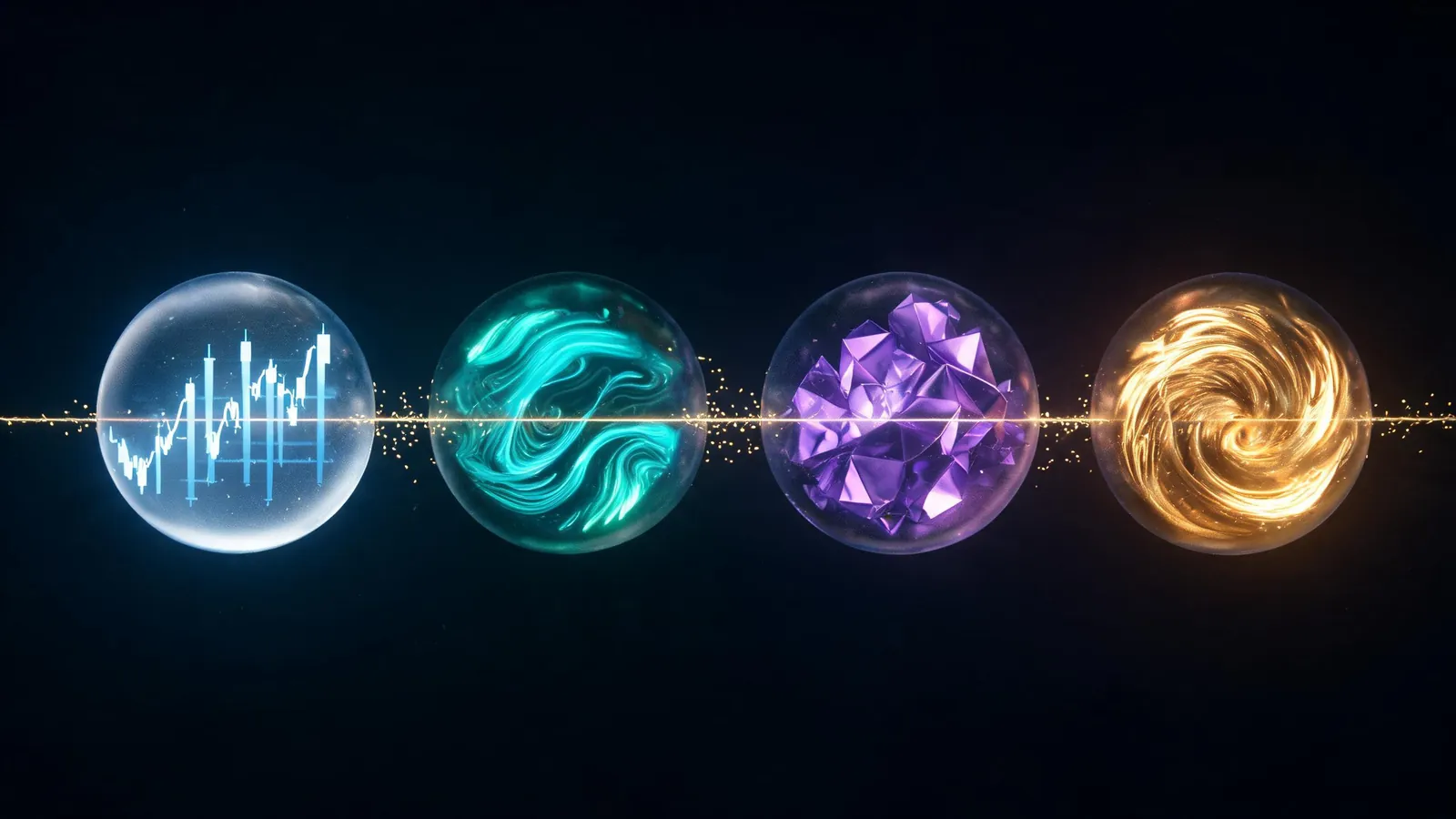 Four glowing market spheres — stocks, forex, crypto and commodities — joined by a golden thread