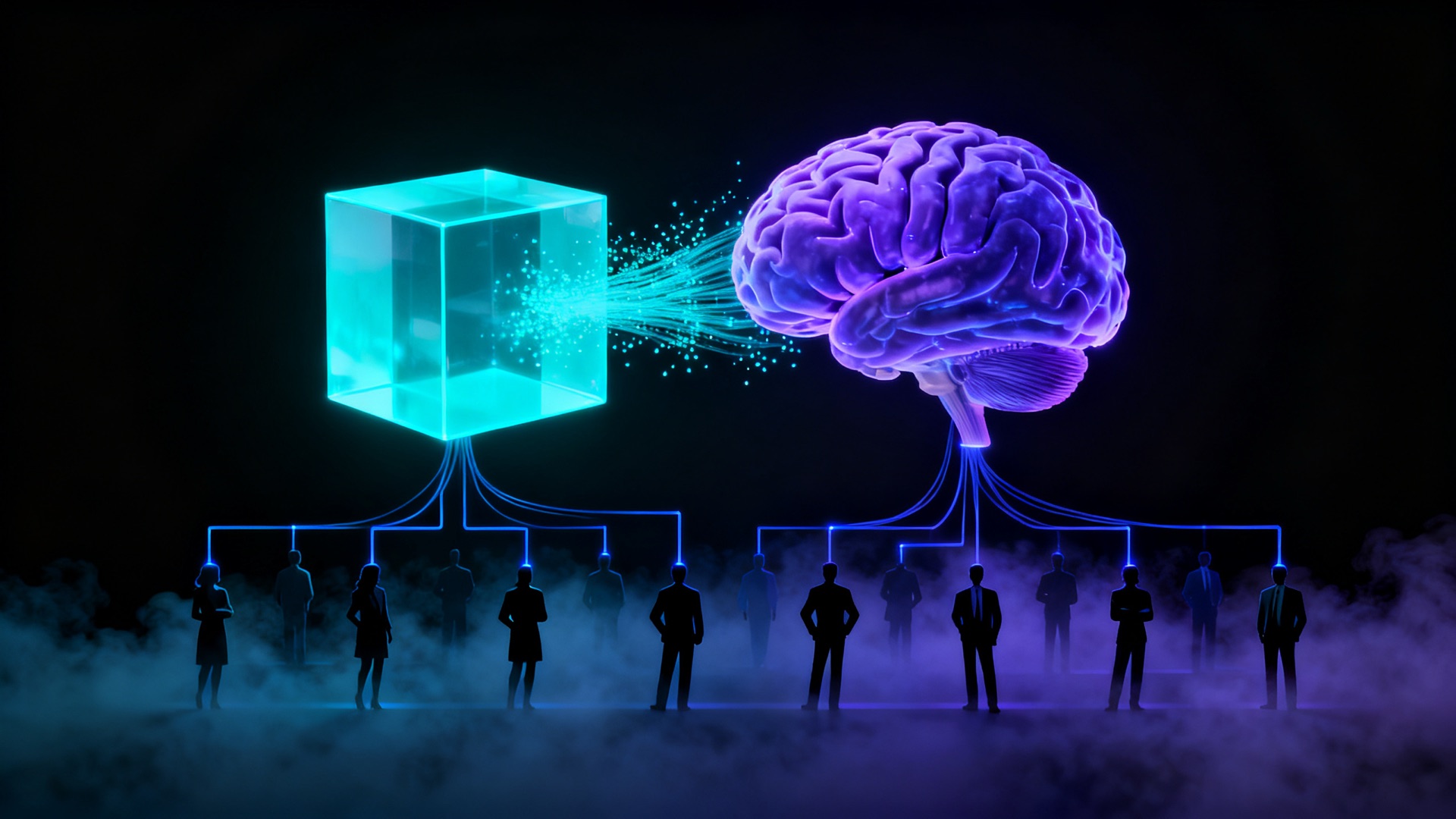 A glowing cube and a glowing brain, each wired down to a row of people: NovaCube runs the business, Cerebro remembers what its people know.