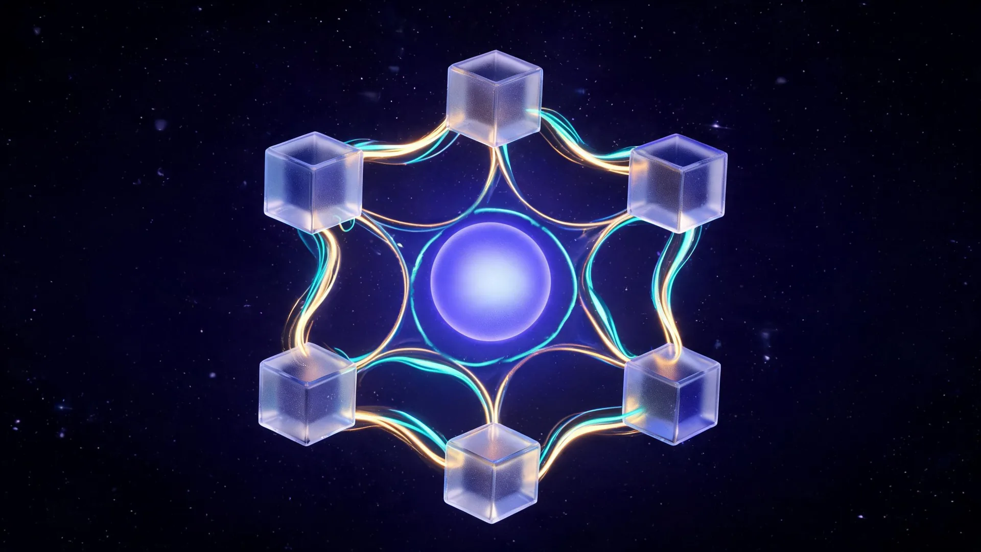 Six connected glass cubes sharing one glowing core — the NovaDyne suite
