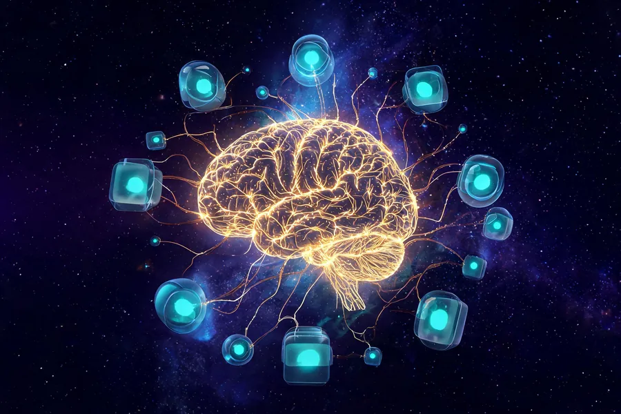 Golden neural constellation shaped like a brain