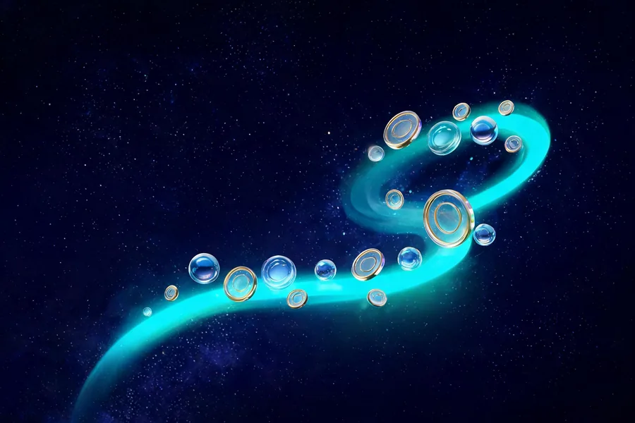 Rising spiral of turquoise light — compounding growth