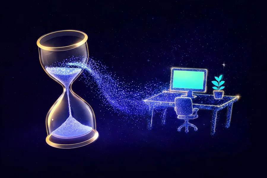 Hourglass dissolving into streams of light — reclaimed time